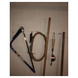 Bow saw, garden tools, snow shovel, plastic rake