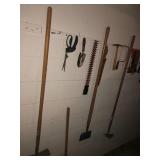 Scraper, garden digger, coping saw, hammer