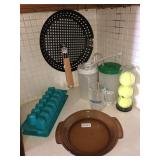 Anchor Hocking pie plate, ice cubes, tennis balls