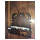 Walnut wall pocket with inlaid horse and maps