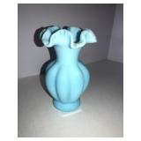 1976 Fenton blue satin melon ruffled 5.5in vase