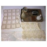 Lace doileys, Precious Moments, alarm clock, misc