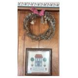 Wreath and needlepoint framed *frame broken