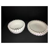Fenton white hobnail 5in ruffled bowl, 6in ashtray