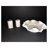 Fenton 2 salt shakers, crimped ruffled bowl 7in