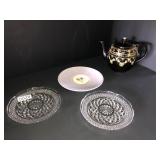 2 crystal plates, Herman saucer, English teapot