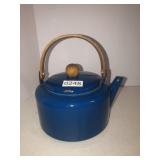 Enamel blue teapor 8in w/teak wood handle