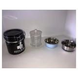 Porcelain crock, jelly bean glass jar, 2 dog bowls