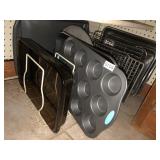 Pyrex pan, muffin tins, cookie sheets, misc
