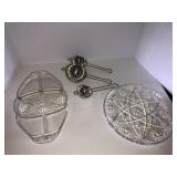 3 stainless strainers and 2 serving trays glass