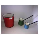 Red crock and 2 enamelware dippers