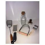Honey jar, masher, grater, misc