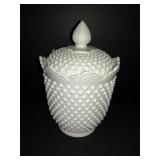 Fenton 11in tall white hobnail cookie jar*repaired