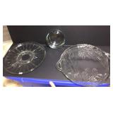 2 heavy glass trays and ash tray