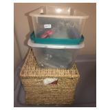 2 small totes and basket w/command strips, misc