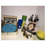 Plastic dishes, toll painted decor, misc