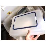Tote of misc baking, muffin pans, cookie sheets