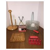 Paper towel holder, 3 boxes of matches, misc