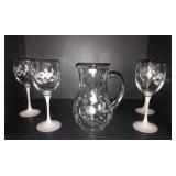 Avon heavy glass etched 4 glasses and pitcher