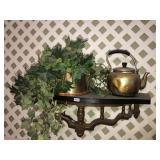 Small wall shelf with teapot, planter decor, misc
