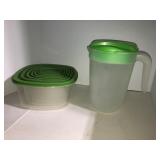 Plastic storage bowls and pitcher