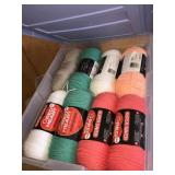 2 totes with misc crafts, Red Heart yarn