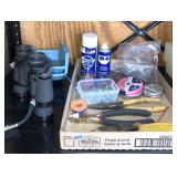 Box of pliers, screws, Bushnell binoculars, misc