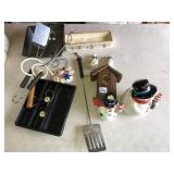 Wood bird house, grill tongs, misc decor