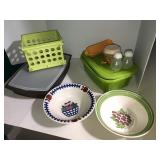 2 bowls, corn holders and ends, small crate, misc