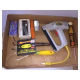 Stanley electric staple gun, tape measure, stool