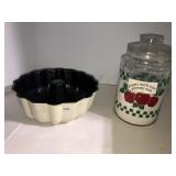 Heavy bundt pan, flour glass jar, glass jars