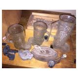 Canteen, pliars, glass boot glasses, misc