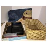 Several pair of glasses, basket, and place mats