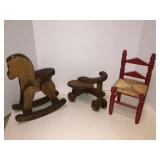 Doll rocking horse, chair, scooter wooden