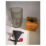 Glass centerpiece vase, plastic funnels,wooden box