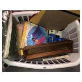 Plastic laundry basket w/air mats and misc