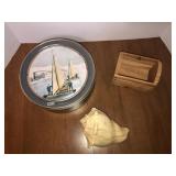 Currier and Ives metal tin,7in shell, small basket