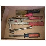 Ace pop rivet gun, air nozzle, screw drivers, misc