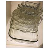 3 heavy glass trays and glass baking dish w/rack