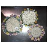 3 handmade doileys& unfinished needlepoint clock