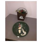 Wooden Christmas bowl and metal art basket