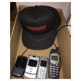Vintage cell phones, Generac hat, misc