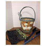 Painted goose basket, ice scrapers, lifejacket L