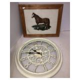 Cloth horse picture framed and battery op. clock