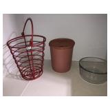 Metal basket, Tupperware, glass bowl