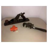 Lakeside pipe wrench, 3 way plug, wood plane USA