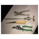 Wiss tin snips, dry wall hand saw, leather punch