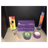 Wood organizer w/duct tape, Hot Wheels track,misc