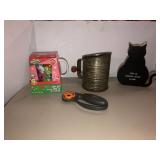 Hot Coco mug, sifter, cat statue, Fiskars cutter