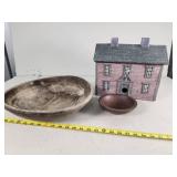 Wooden Bowls and Stoneware Birdhouse